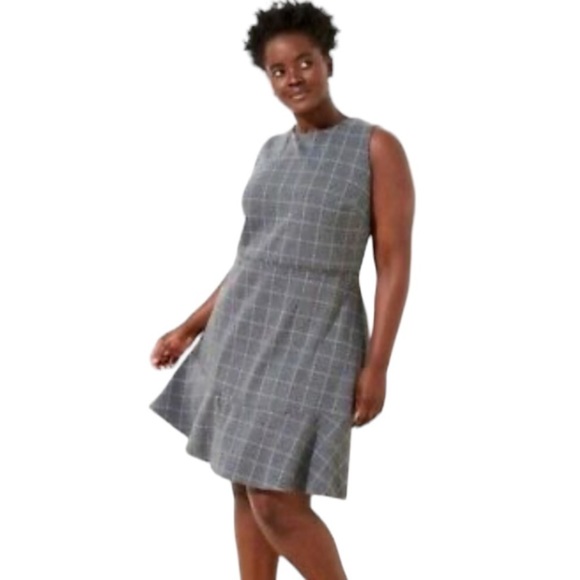 LOFT Plus Windowpane Plaid Sleeveless Ruffle Flouce Hem Shift Dress Academia 16 - Picture 9 of 11